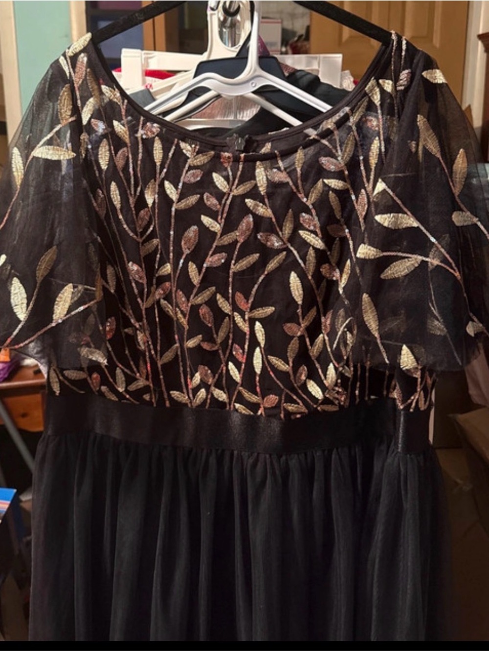 Ever Pretty Black Dress with Gold and Rose-Gold Leaf Embroidery